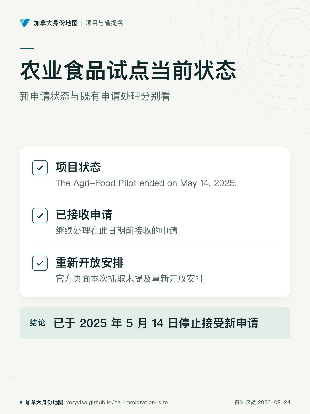 农业食品试点当前状态；新申请状态与既有申请处理分别看；项目状态；已接收申请；重新开放安排；已于 2025 年 5 月 14 日停止接受新申请