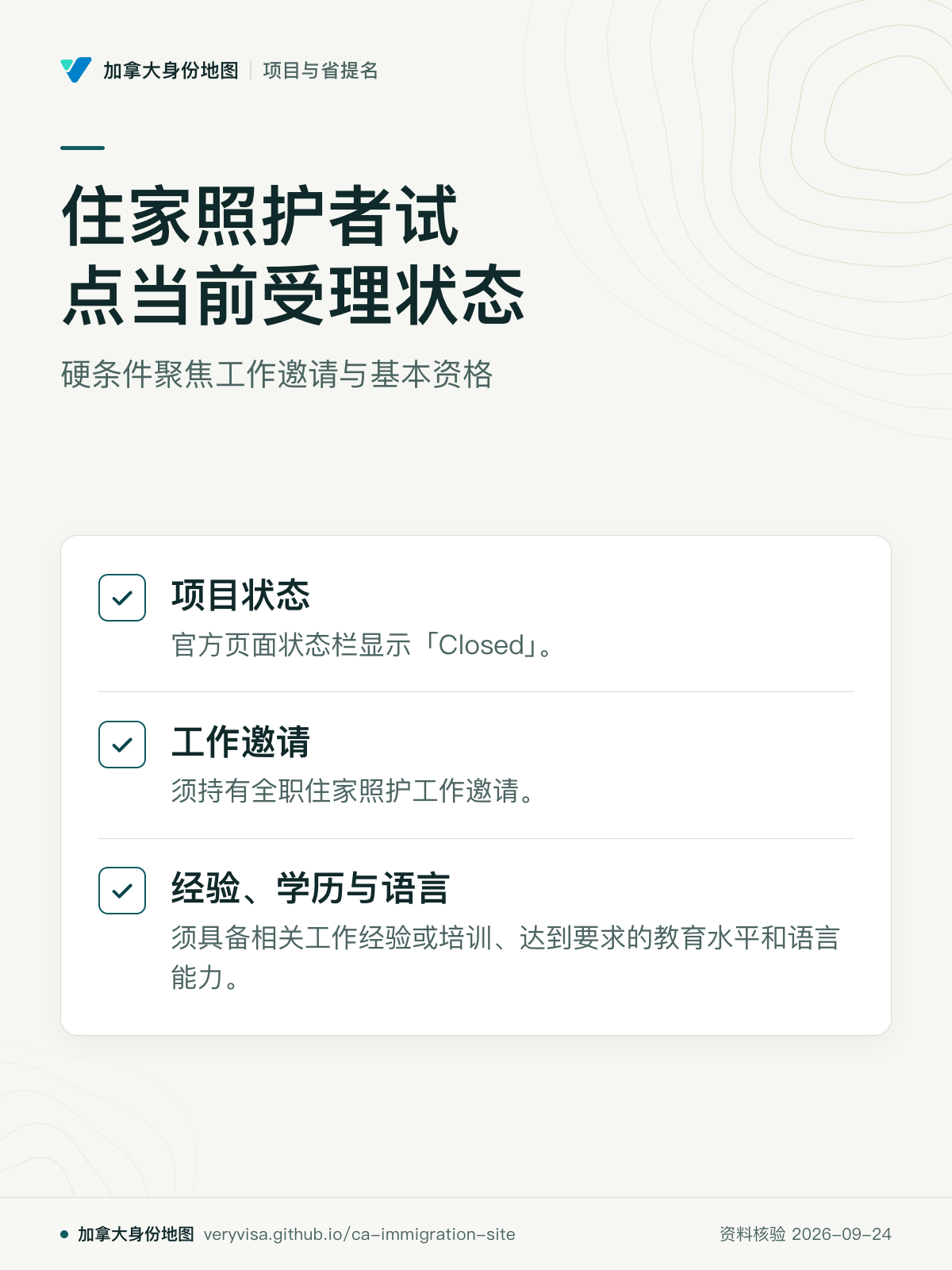 住家照护者试点当前受理状态；硬条件聚焦工作邀请与基本资格；项目状态；工作邀请；经验、学历与语言