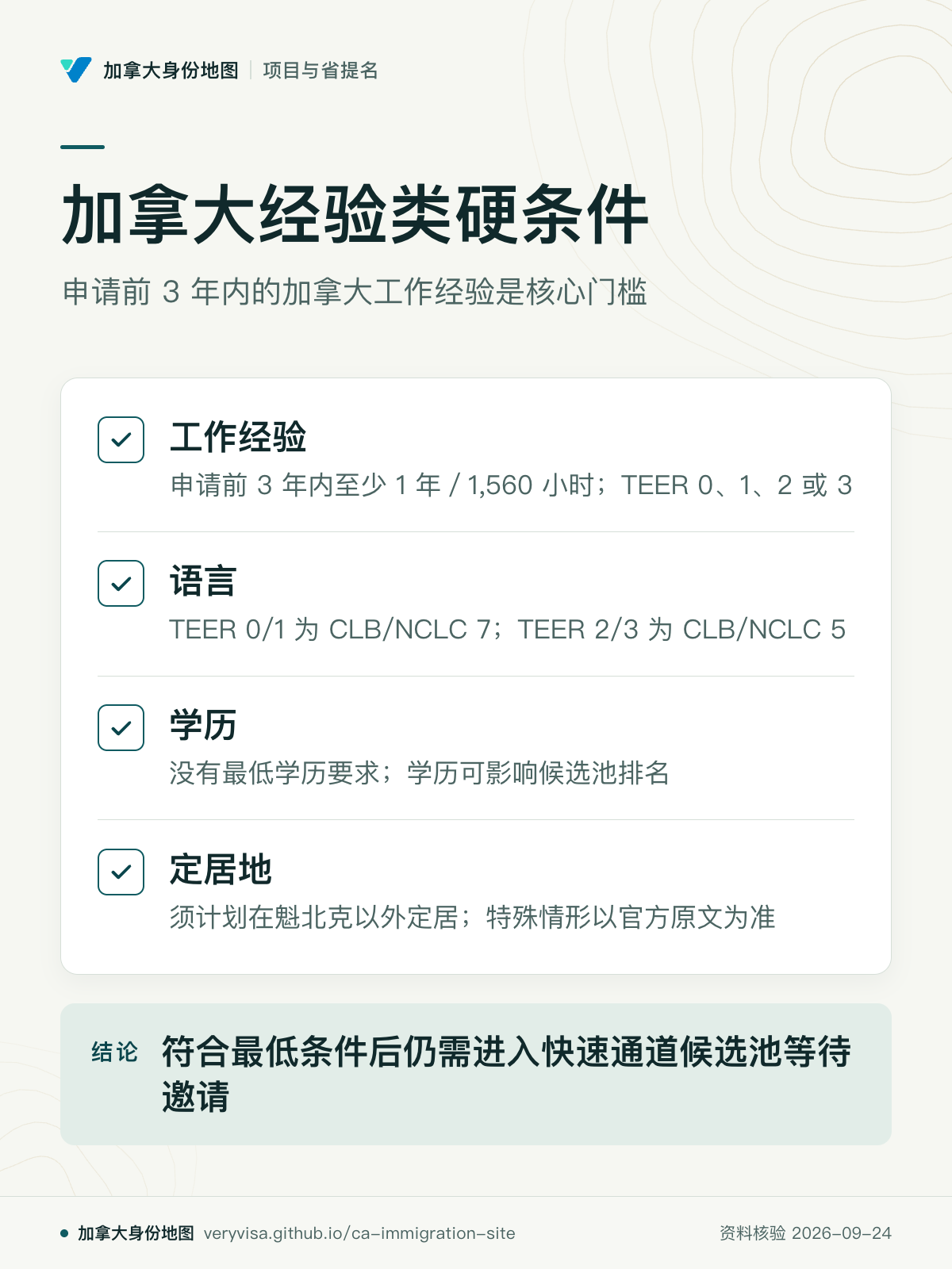 加拿大经验类硬条件；申请前 3 年内的加拿大工作经验是核心门槛；工作经验；语言；学历；定居地；符合最低条件后仍需进入快速通道候选池等待邀请
