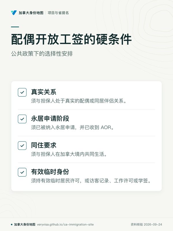 配偶开放工签的硬条件；公共政策下的选择性安排；真实关系；永居申请阶段；同住要求；有效临时身份