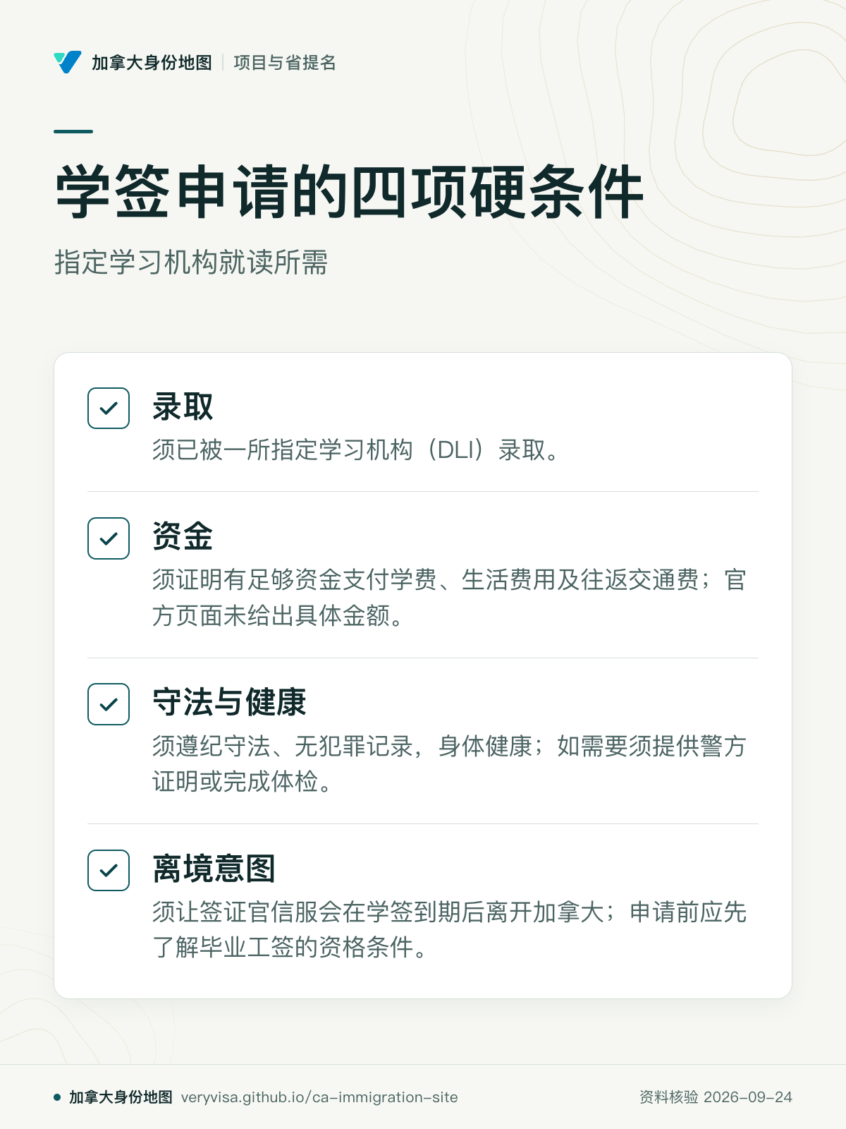 学签申请的四项硬条件；指定学习机构就读所需；录取；资金；守法与健康；离境意图