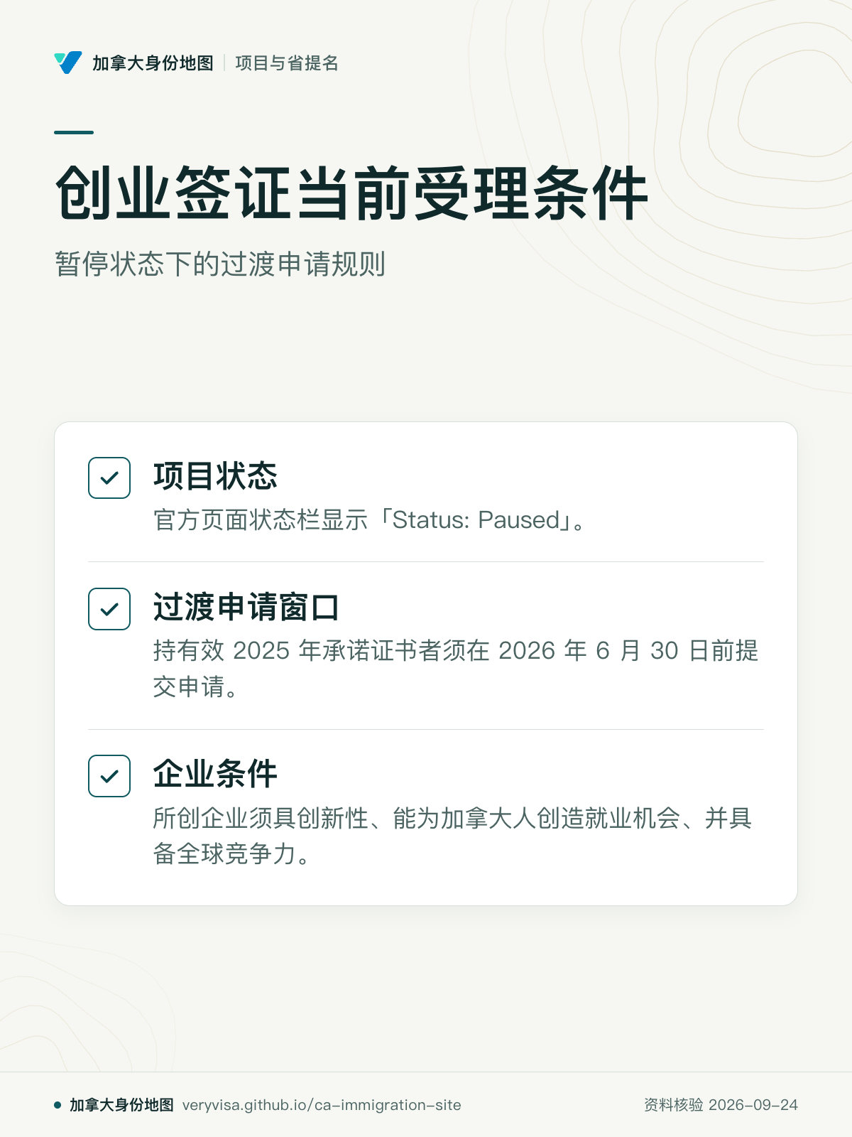 创业签证当前受理条件；暂停状态下的过渡申请规则；项目状态；过渡申请窗口；企业条件