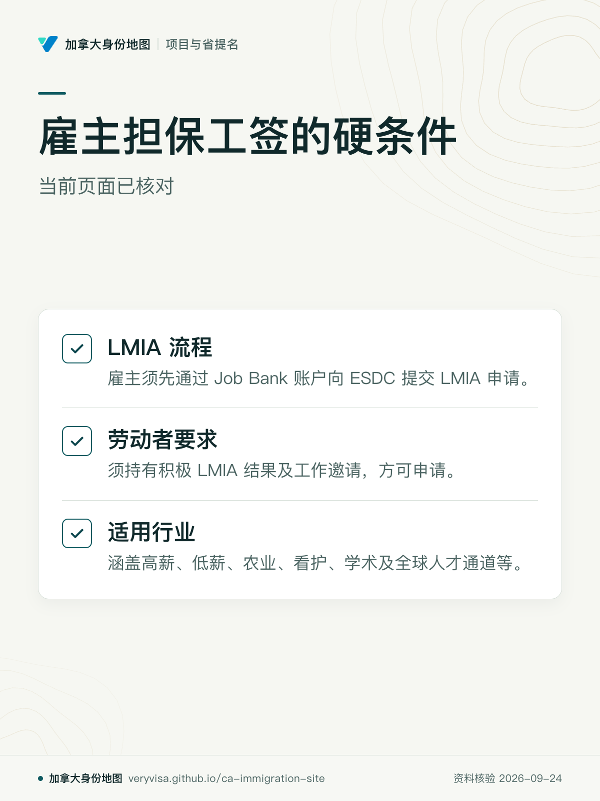 雇主担保工签的硬条件；当前页面已核对；LMIA 流程；劳动者要求；适用行业