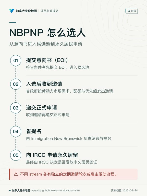 NBPNP 怎么选人；从意向书进入候选池到永久居民申请；提交意向书（EOI）；入选后收到邀请；递交正式申请；省提名；向 IRCC 申请永久居留；不同 stream 各有独立的定期邀请轮次或雇主驱动流程。