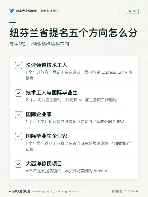 纽芬兰省提名五个方向怎么分；雇主驱动与创业路径结构不同；快速通道技术工人；技术工人与国际毕业生；国际企业家；国际毕业生企业家；大西洋移民项目