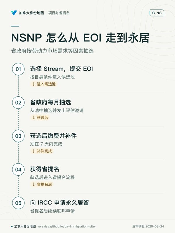 NSNP 怎么从 EOI 走到永居；省政府按劳动力市场需求等因素抽选；选择 Stream，提交 EOI；省政府每月抽选；获选后缴费并补件；获得省提名；向 IRCC 申请永久居留