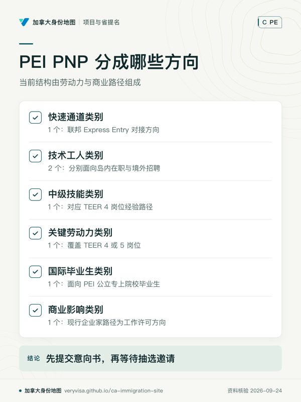 PEI PNP 分成哪些方向；当前结构由劳动力与商业路径组成；快速通道类别；技术工人类别；中级技能类别；关键劳动力类别；国际毕业生类别；商业影响类别；先提交意向书，再等待抽选邀请