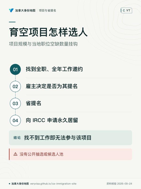 育空项目怎样选人；项目规模与当地职位空缺数量挂钩；找到全职、全年工作邀约；雇主决定是否为其提名；省提名；向 IRCC 申请永久居留；没有公开抽选或候选人池；找不到工作即无法参与该项目