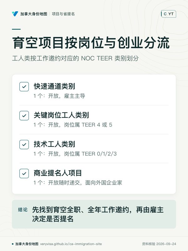 育空项目按岗位与创业分流；工人类按工作邀约对应的 NOC TEER 类别划分；快速通道类别；关键岗位工人类别；技术工人类别；商业提名人项目；先找到育空全职、全年工作邀约，再由雇主决定是否提名