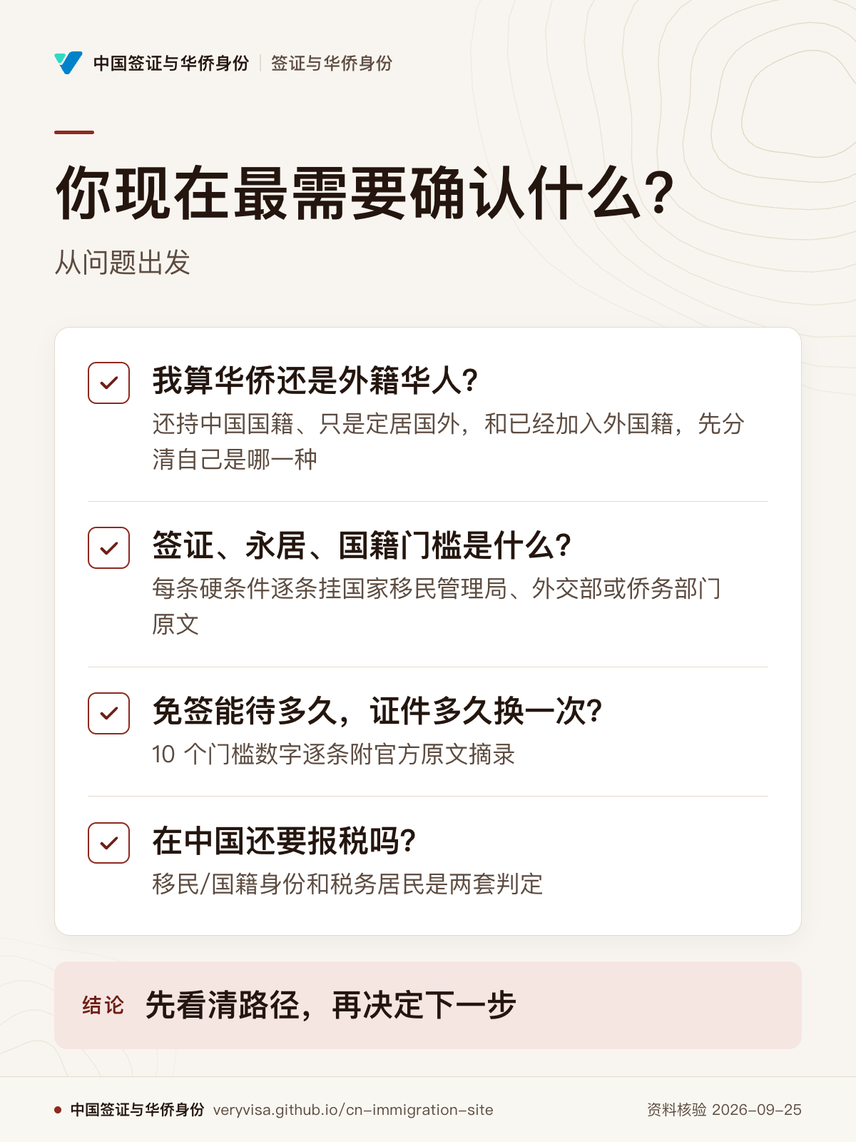 你现在最需要确认什么？；从问题出发；我算华侨还是外籍华人？；签证、永居、国籍门槛是什么？；免签能待多久，证件多久换一次？；在中国还要报税吗？；先看清路径，再决定下一步
