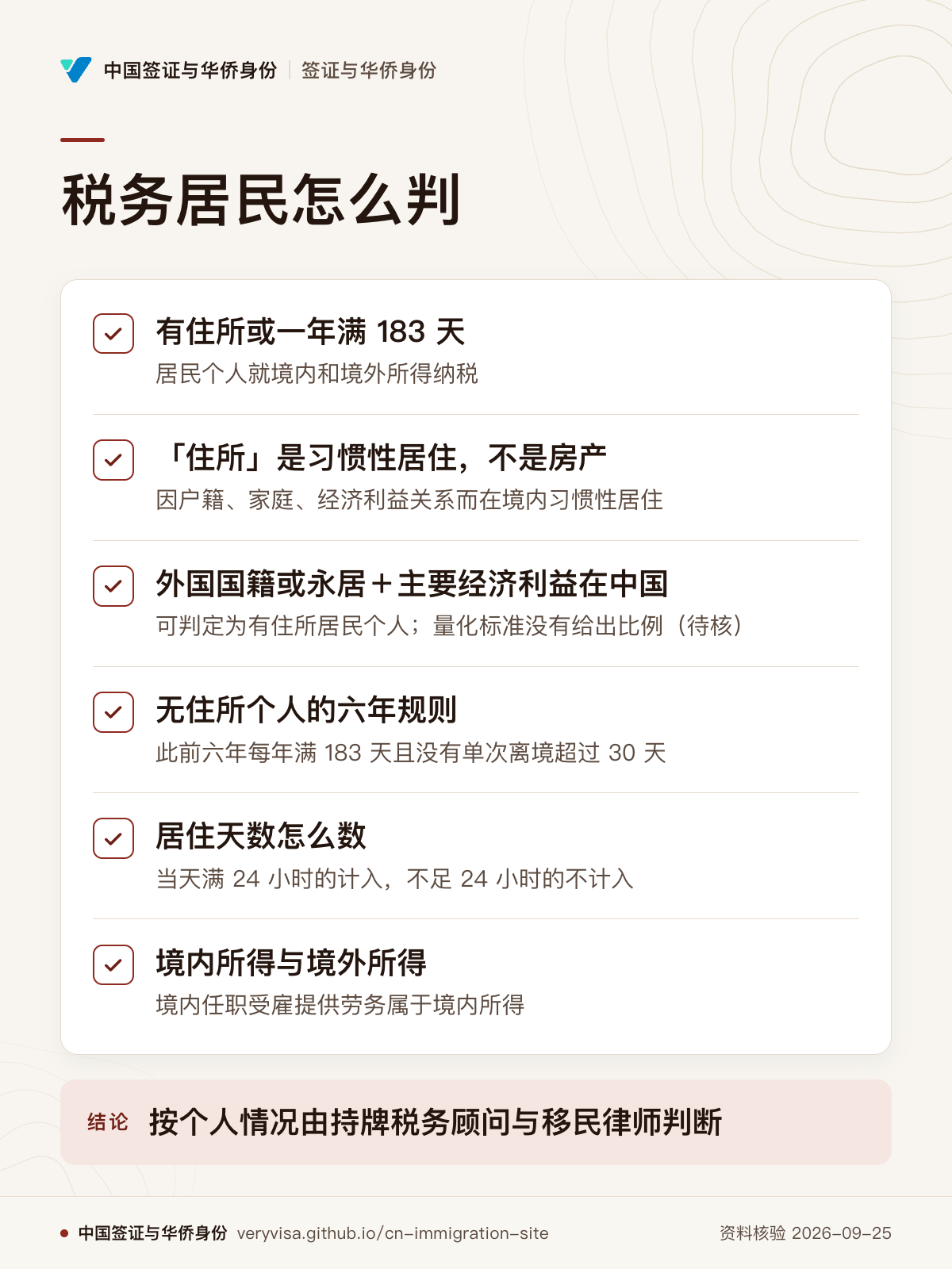 税务居民怎么判；有住所或一年满 183 天；「住所」是习惯性居住，不是房产；外国国籍或永居＋主要经济利益在中国；无住所个人的六年规则；居住天数怎么数；境内所得与境外所得；按个人情况由持牌税务顾问与移民律师判断