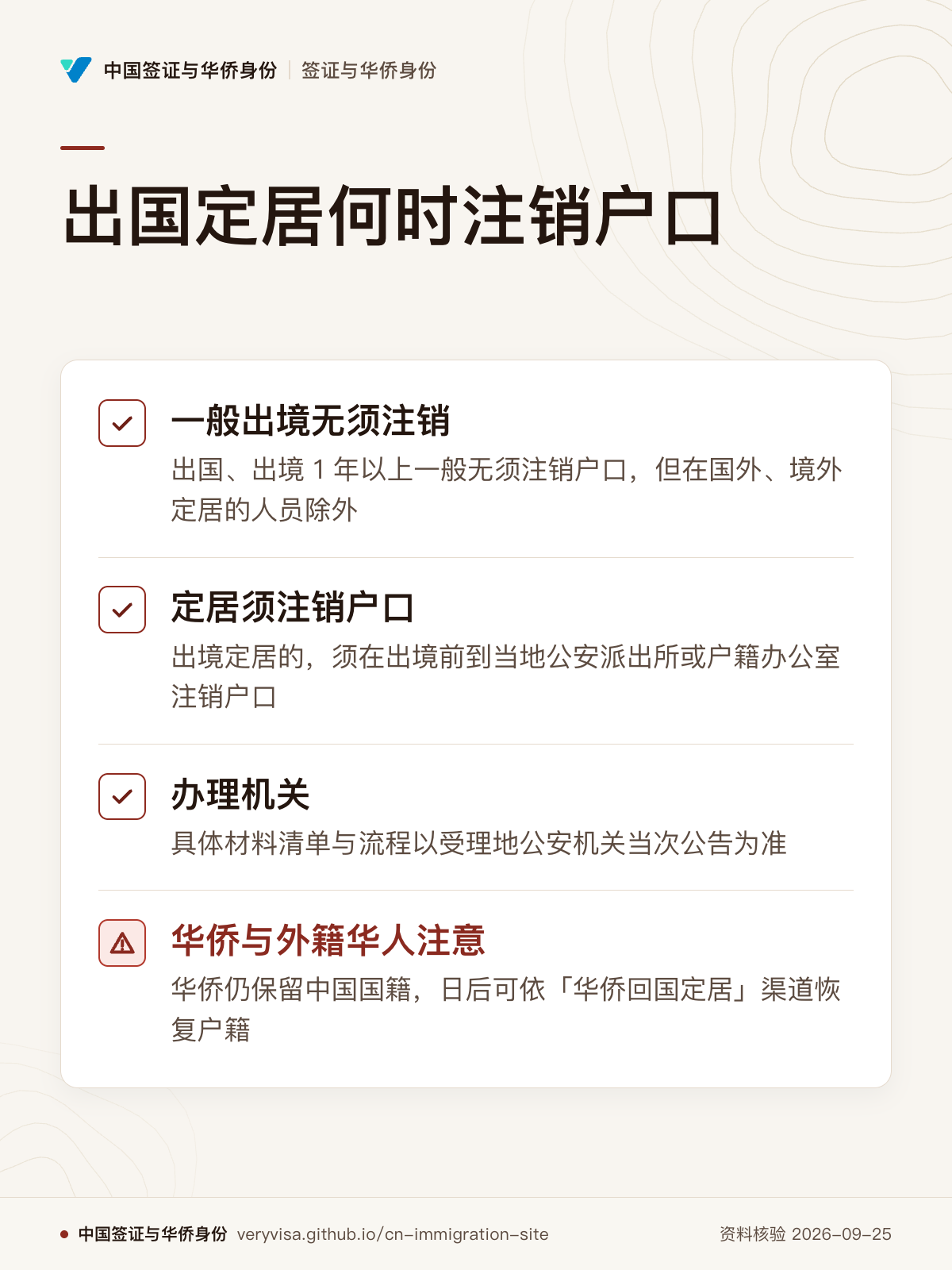 出国定居何时注销户口；一般出境无须注销；定居须注销户口；办理机关；华侨与外籍华人注意