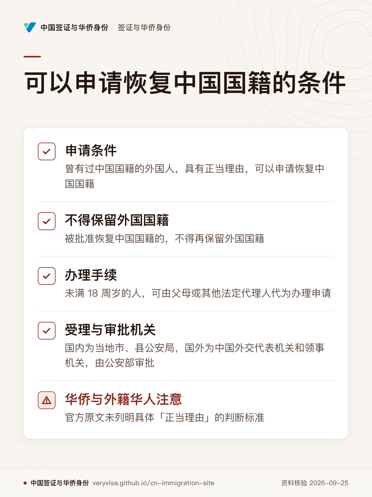 可以申请恢复中国国籍的条件；申请条件；不得保留外国国籍；办理手续；受理与审批机关；华侨与外籍华人注意