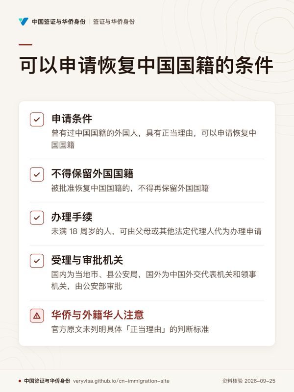 可以申请恢复中国国籍的条件;申请条件;不得保留外国国籍;办理手续;受理与审批机关;华侨与外籍华人注意