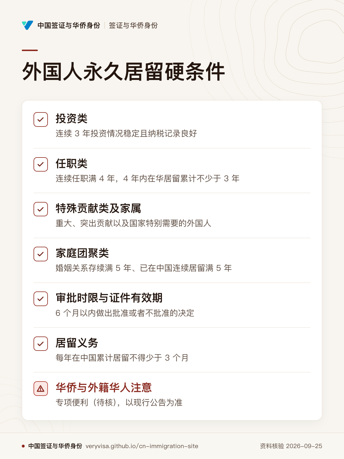 外国人永久居留硬条件；投资类；任职类；特殊贡献类及家属；家庭团聚类；审批时限与证件有效期；居留义务；华侨与外籍华人注意