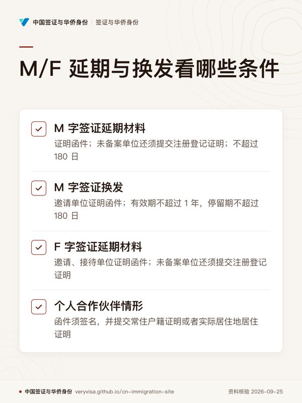 M/F 延期与换发看哪些条件;M 字签证延期材料;M 字签证换发;F 字签证延期材料;个人合作伙伴情形