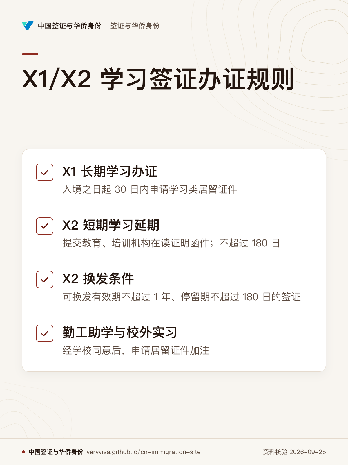 X1/X2 学习签证办证规则；X1 长期学习办证；X2 短期学习延期；X2 换发条件；勤工助学与校外实习