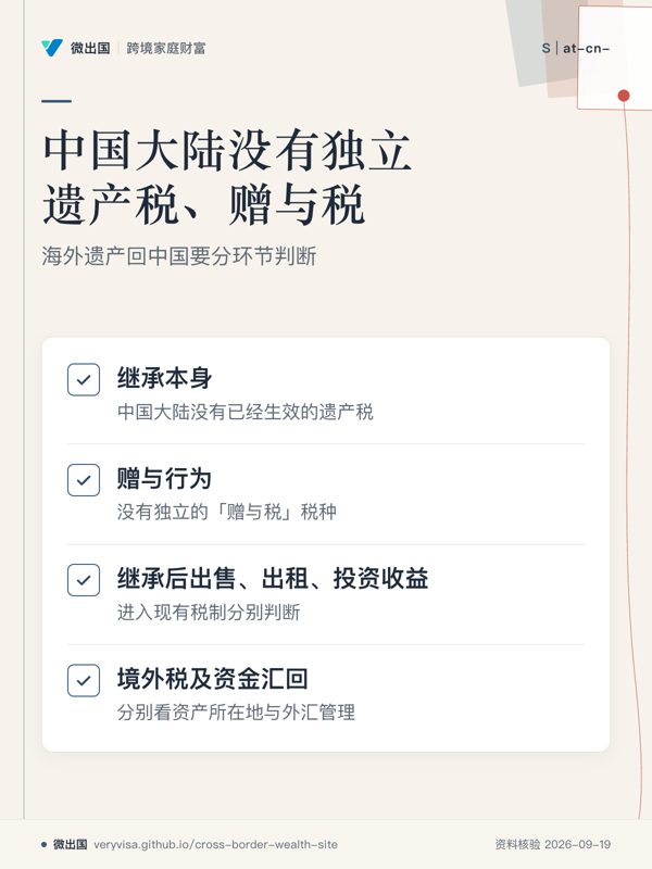 中国大陆没有独立遗产税、赠与税；海外遗产回中国要分环节判断；继承本身；赠与行为；继承后出售、出租、投资收益；境外税及资金汇回
