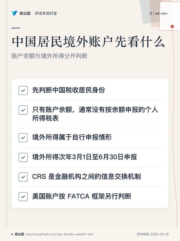 中国居民境外账户先看什么；账户余额与境外所得分开判断；先判断中国税收居民身份；只有账户余额，通常没有按余额申报的个人所得税表；境外所得属于自行申报情形；境外所得次年3月1日至6月30日申报；CRS 是金融机构之间的信息交换机制；美国账户按 FATCA 框架另行判断