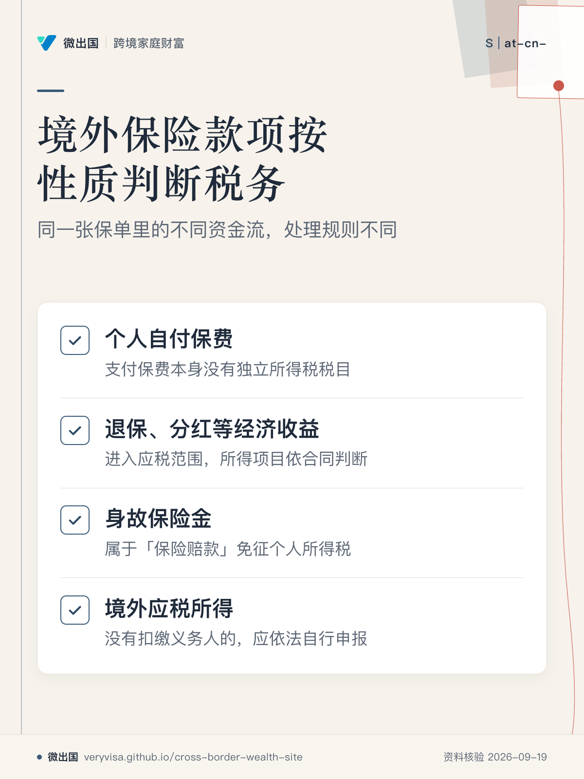 境外保险款项按性质判断税务;同一张保单里的不同资金流,处理规则不同;个人自付保费;退保、分红等经济收益;身故保险金;境外应税所得