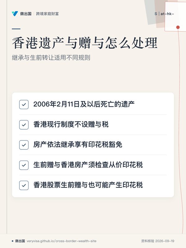 香港遗产与赠与怎么处理；继承与生前转让适用不同规则；2006年2月11日及以后死亡的遗产；香港现行制度不设赠与税；房产依法继承享有印花税豁免；生前赠与香港房产须检查从价印花税；香港股票生前赠与也可能产生印花税
