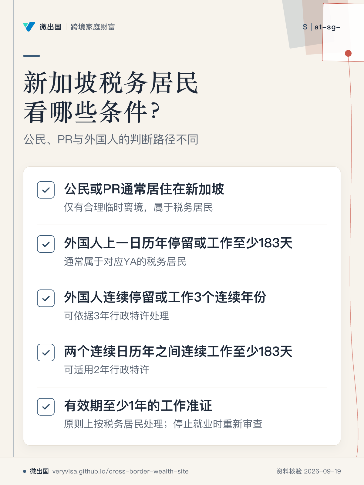 新加坡税务居民看哪些条件?;公民、PR与外国人的判断路径不同;公民或PR通常居住在新加坡;外国人上一日历年停留或工作至少183天;外国人连续停留或工作3个连续年份;两个连续日历年之间连续工作至少183天;有效期至少1年的工作准证