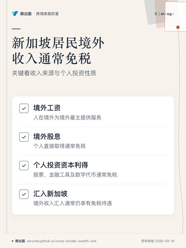 新加坡居民境外收入通常免税；关键看收入来源与个人投资性质；境外工资；境外股息；个人投资资本利得；汇入新加坡