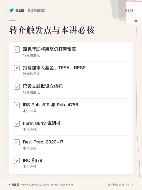 转介触发点与本讲必核;豁免年即将用尽仍打算留美;持有加拿大基金、TFSA、RESP;已设立或拟设立信托;IRS Pub. 519 与 Pub. 4756;Form 8843 说明书;Rev. Proc. 2020-17;IRC §679