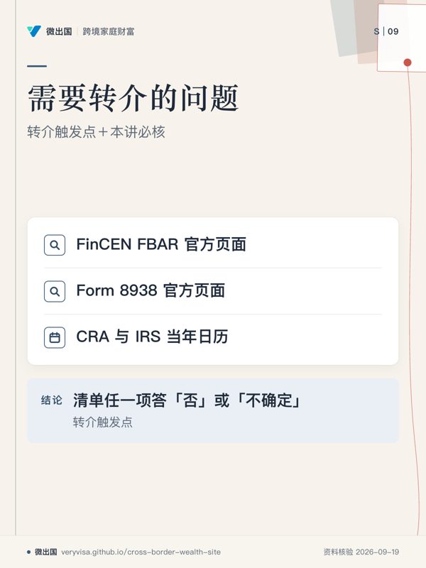 需要转介的问题;转介触发点+本讲必核;FinCEN FBAR 官方页面;Form 8938 官方页面;CRA 与 IRS 当年日历;清单任一项答「否」或「不确定」