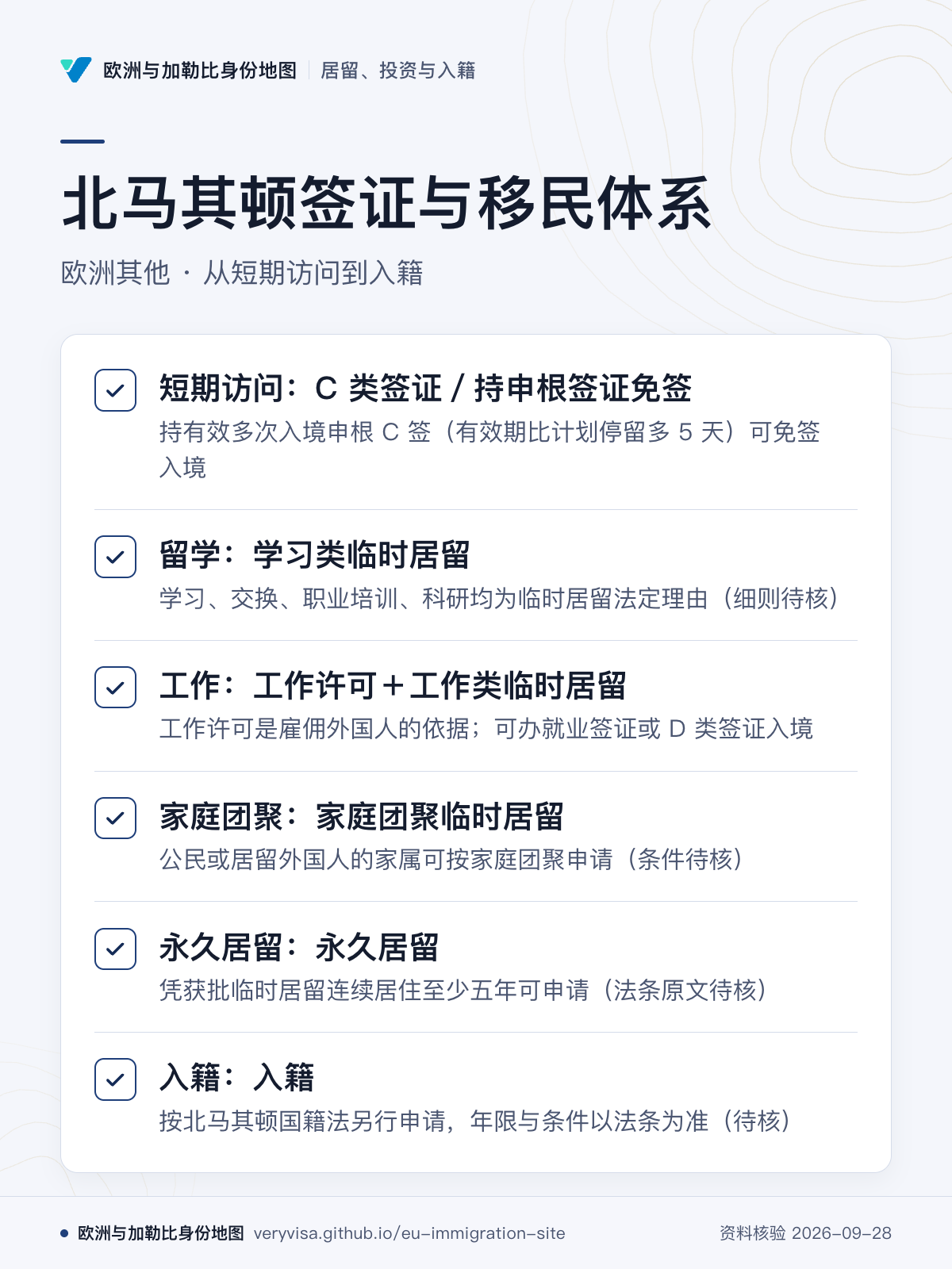 北马其顿签证与移民体系；欧洲其他 · 从短期访问到入籍；短期访问：C 类签证／持申根签证免签；留学：学习类临时居留；工作：工作许可＋工作类临时居留；家庭团聚：家庭团聚临时居留；永久居留：永久居留；入籍：入籍