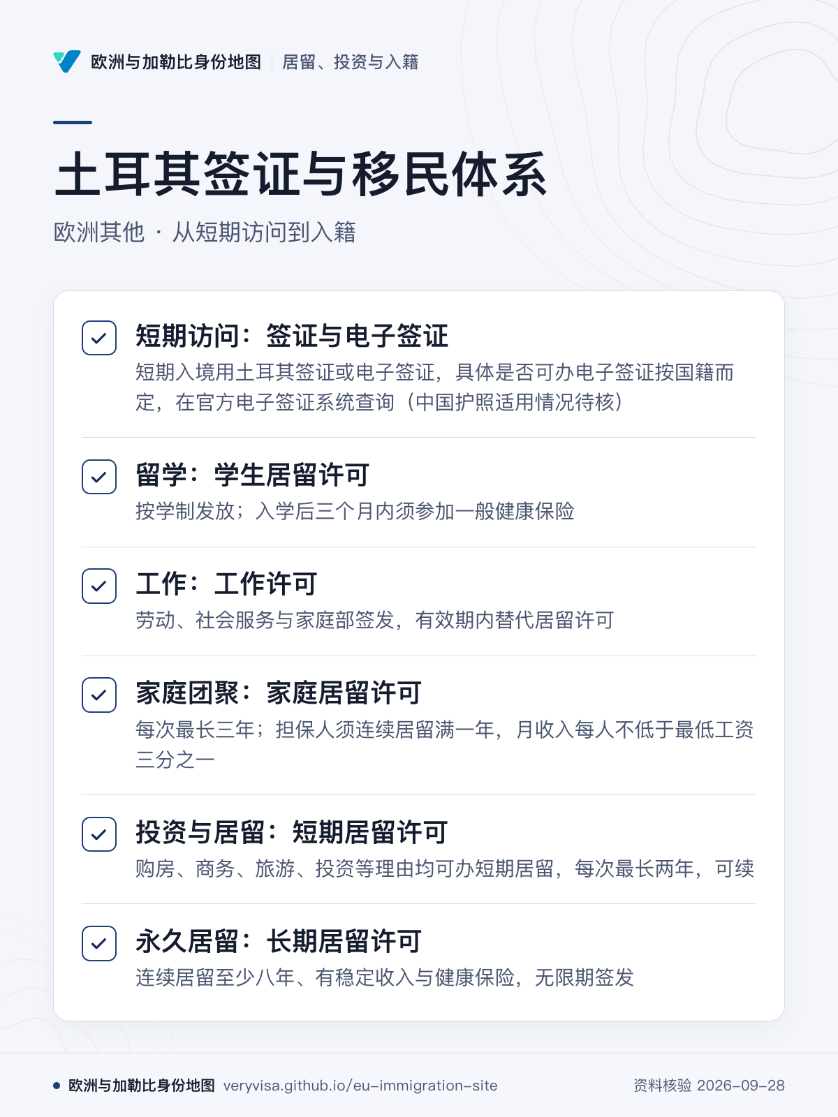 土耳其签证与移民体系；欧洲其他 · 从短期访问到入籍；短期访问：签证与电子签证；留学：学生居留许可；工作：工作许可；家庭团聚：家庭居留许可；投资与居留：短期居留许可；永久居留：长期居留许可