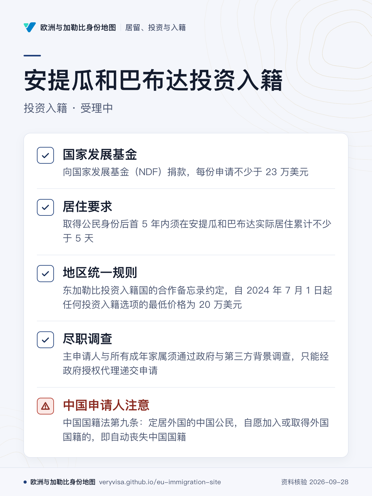 安提瓜和巴布达投资入籍；投资入籍 · 受理中；国家发展基金；居住要求；地区统一规则；尽职调查；中国申请人注意