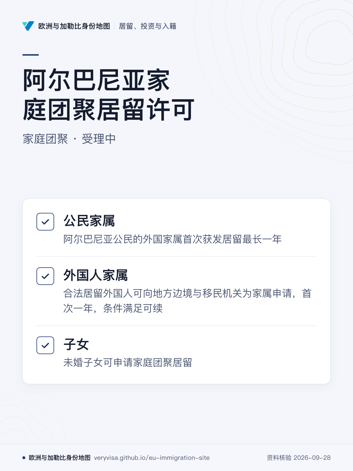 阿尔巴尼亚家庭团聚居留许可；家庭团聚 · 受理中；公民家属；外国人家属；子女