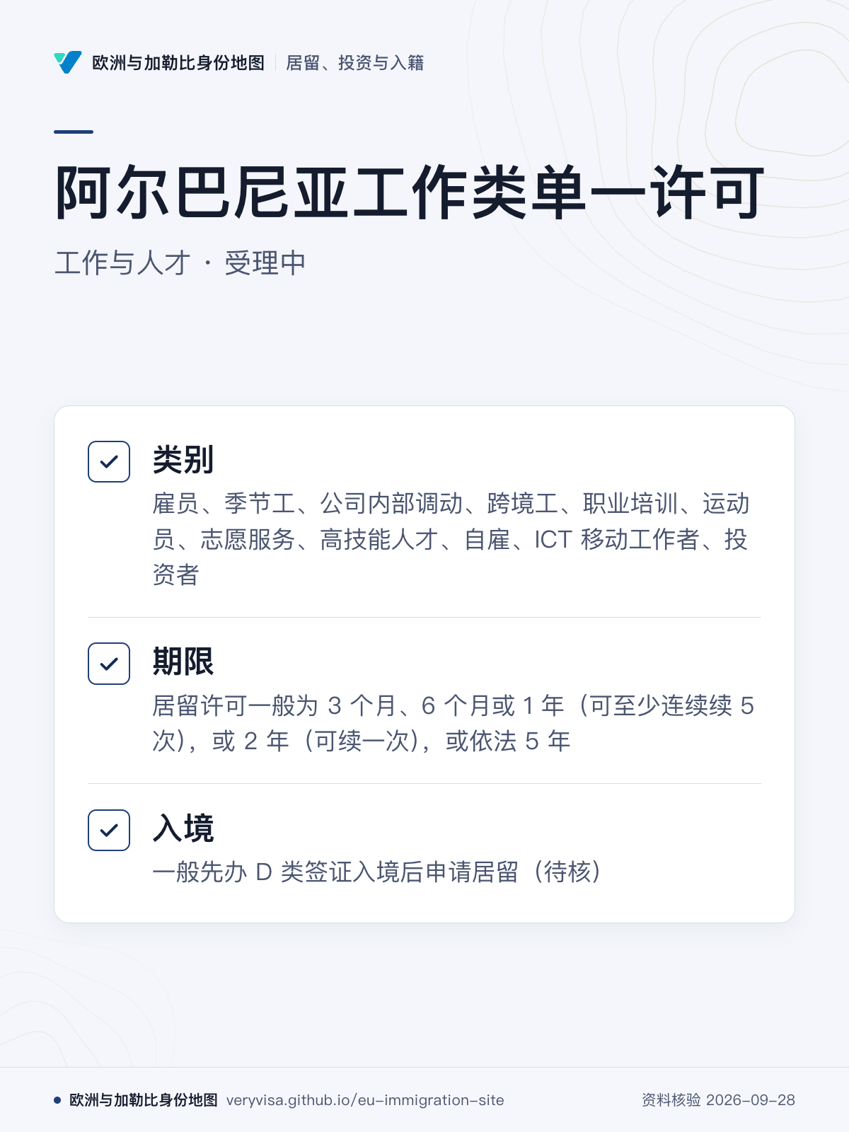 阿尔巴尼亚工作类单一许可；工作与人才 · 受理中；类别；期限；入境