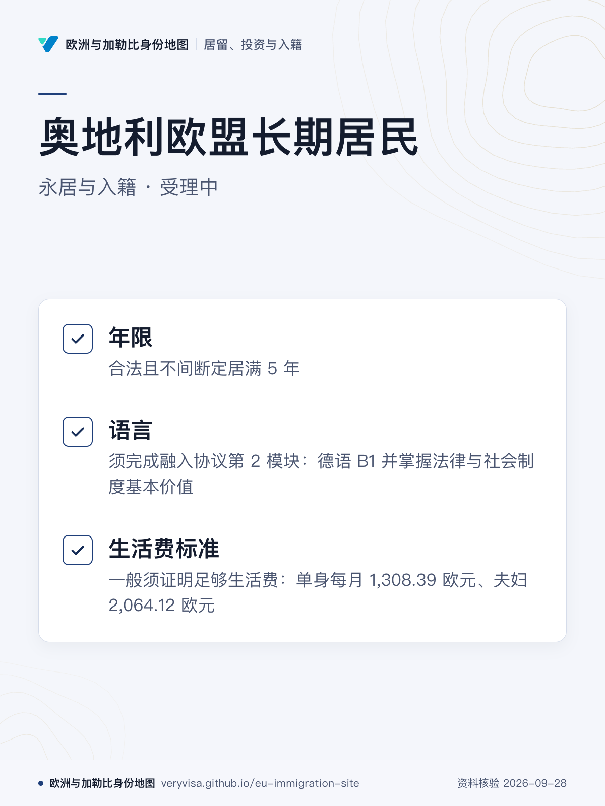 奥地利欧盟长期居民；永居与入籍 · 受理中；年限；语言；生活费标准