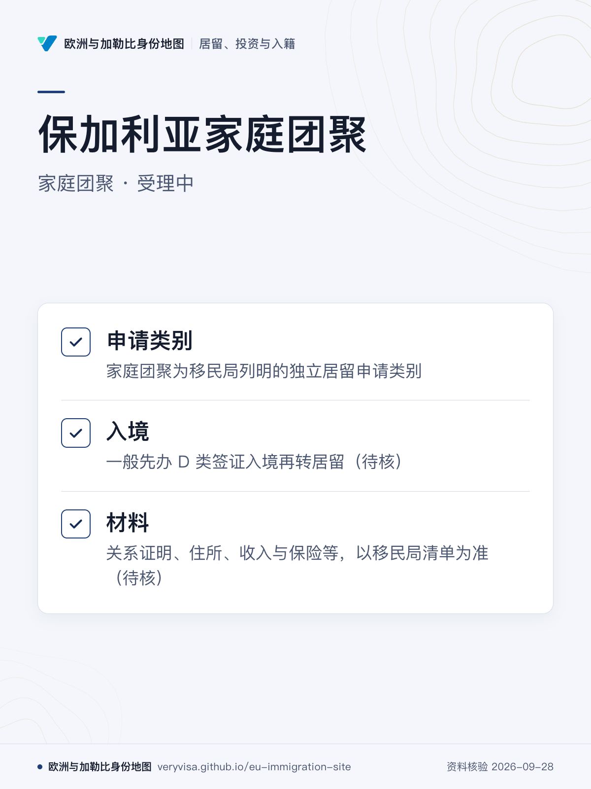 保加利亚家庭团聚；家庭团聚 · 受理中；申请类别；入境；材料