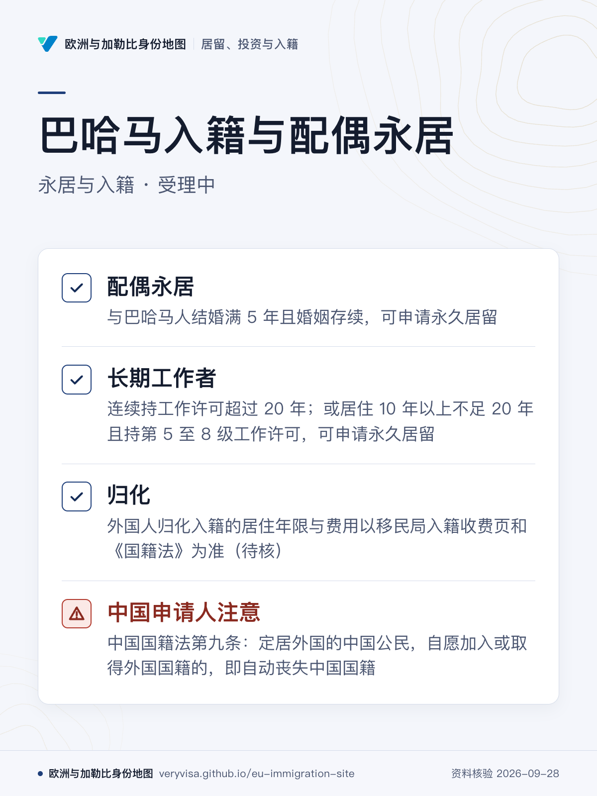 巴哈马入籍与配偶永居；永居与入籍 · 受理中；配偶永居；长期工作者；归化；中国申请人注意