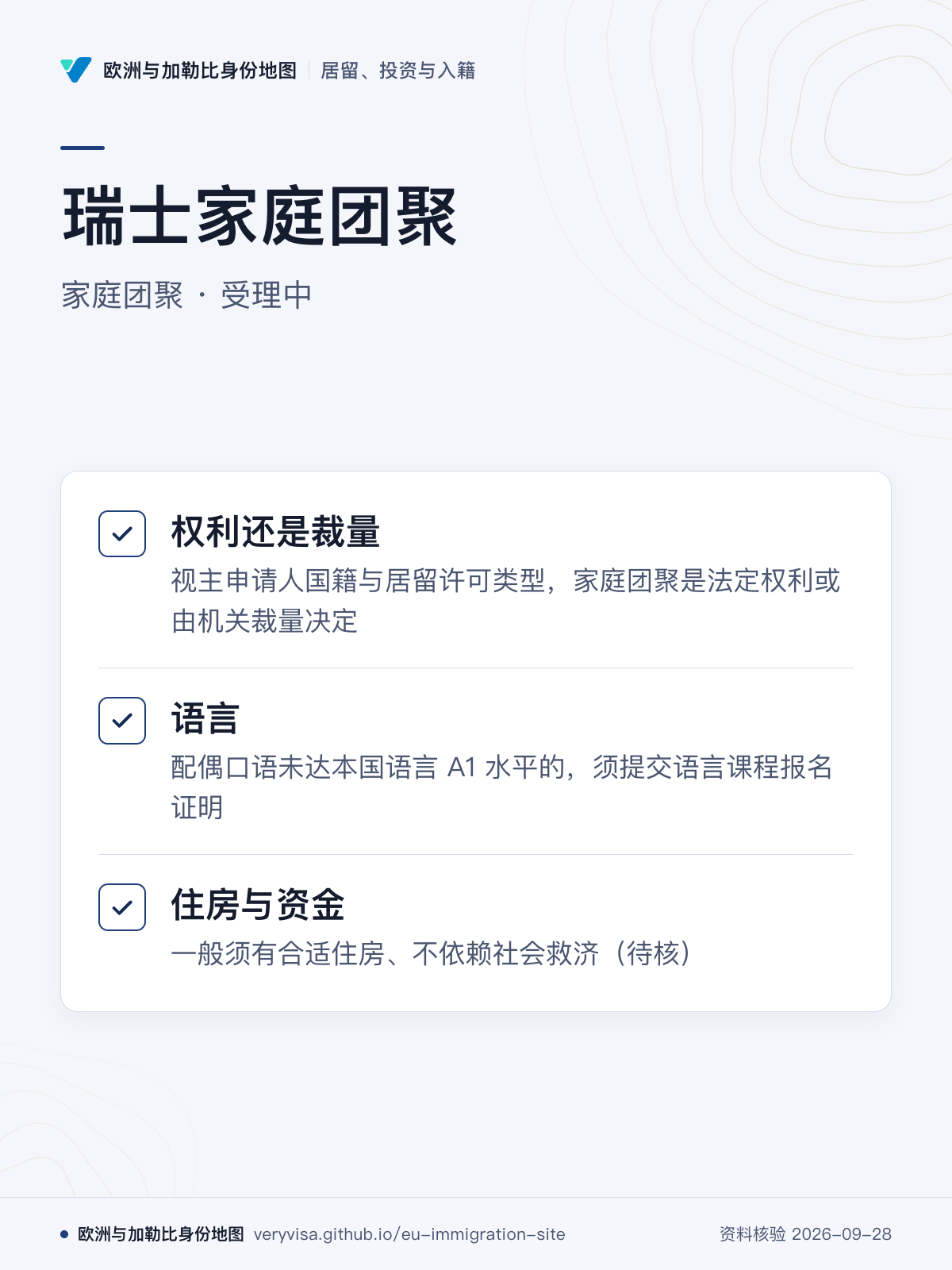 瑞士家庭团聚；家庭团聚 · 受理中；权利还是裁量；语言；住房与资金
