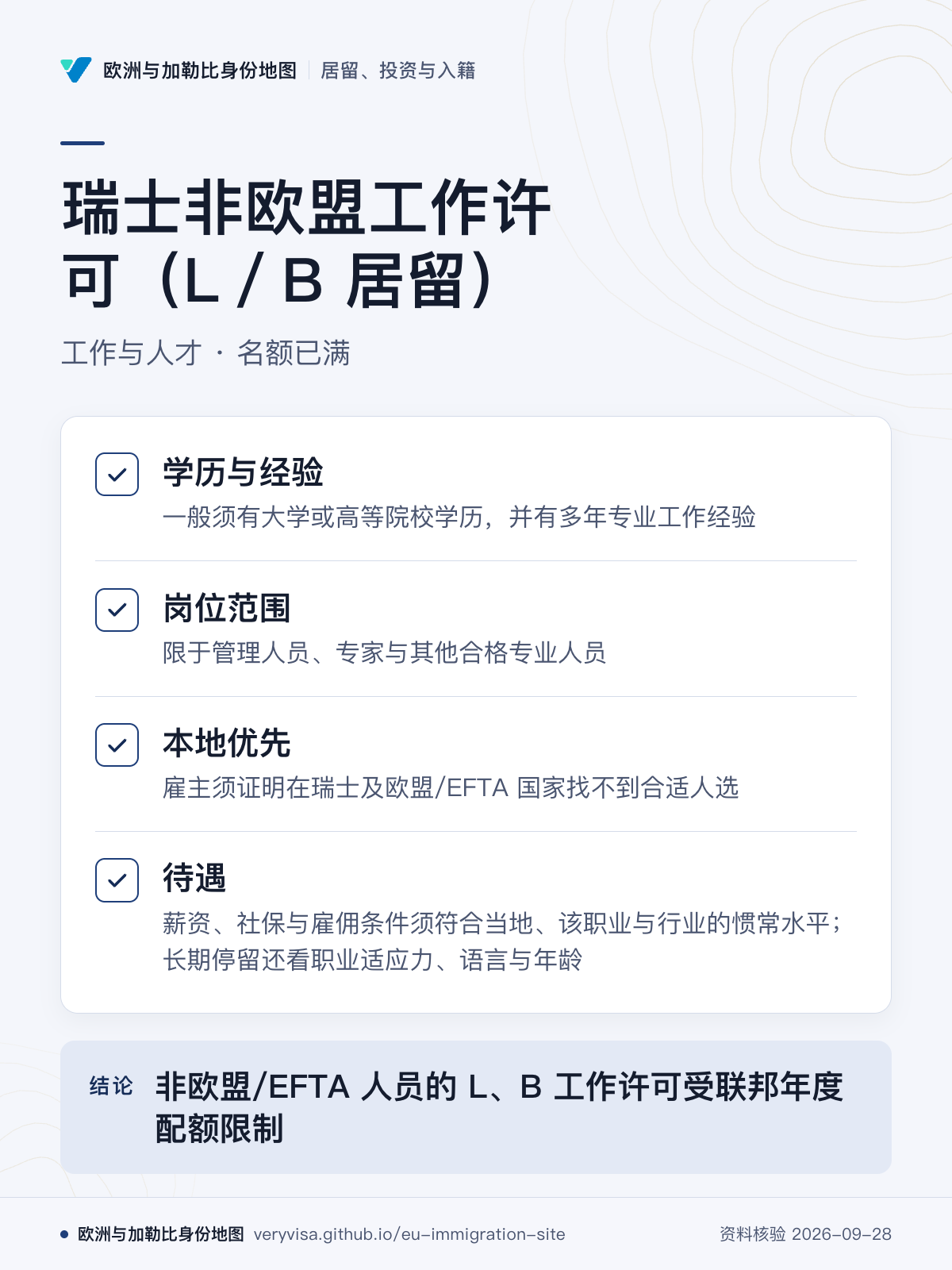 瑞士非欧盟工作许可（L／B 居留）；工作与人才 · 名额已满；学历与经验；岗位范围；本地优先；待遇；非欧盟/EFTA 人员的 L、B 工作许可受联邦年度配额限制