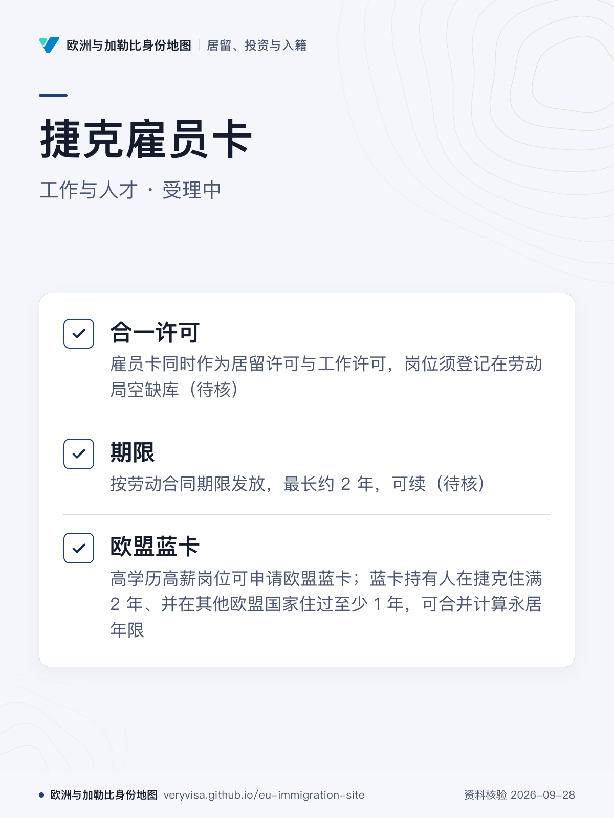 捷克雇员卡；工作与人才 · 受理中；合一许可；期限；欧盟蓝卡