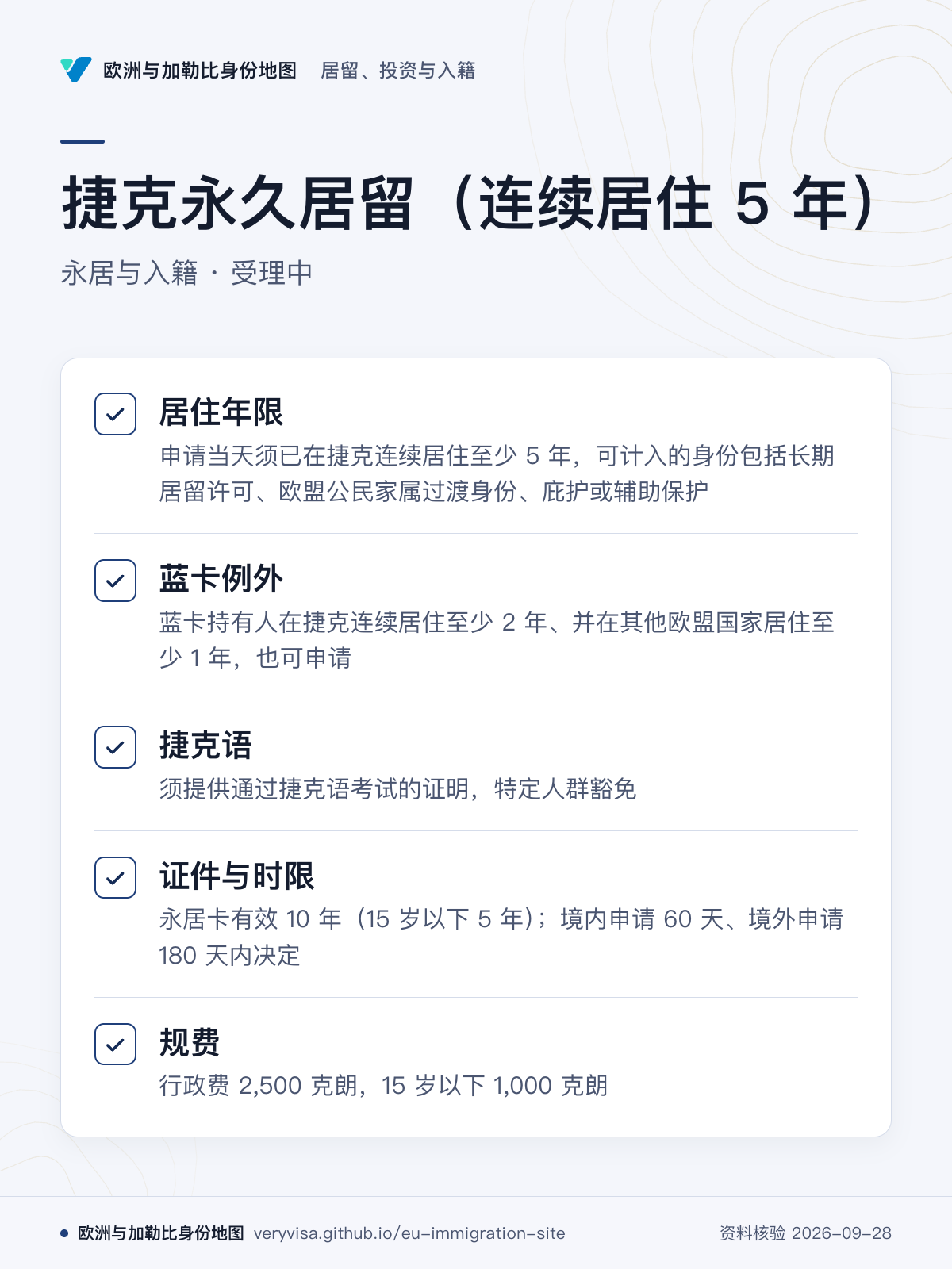 捷克永久居留（连续居住 5 年）；永居与入籍 · 受理中；居住年限；蓝卡例外；捷克语；证件与时限；规费