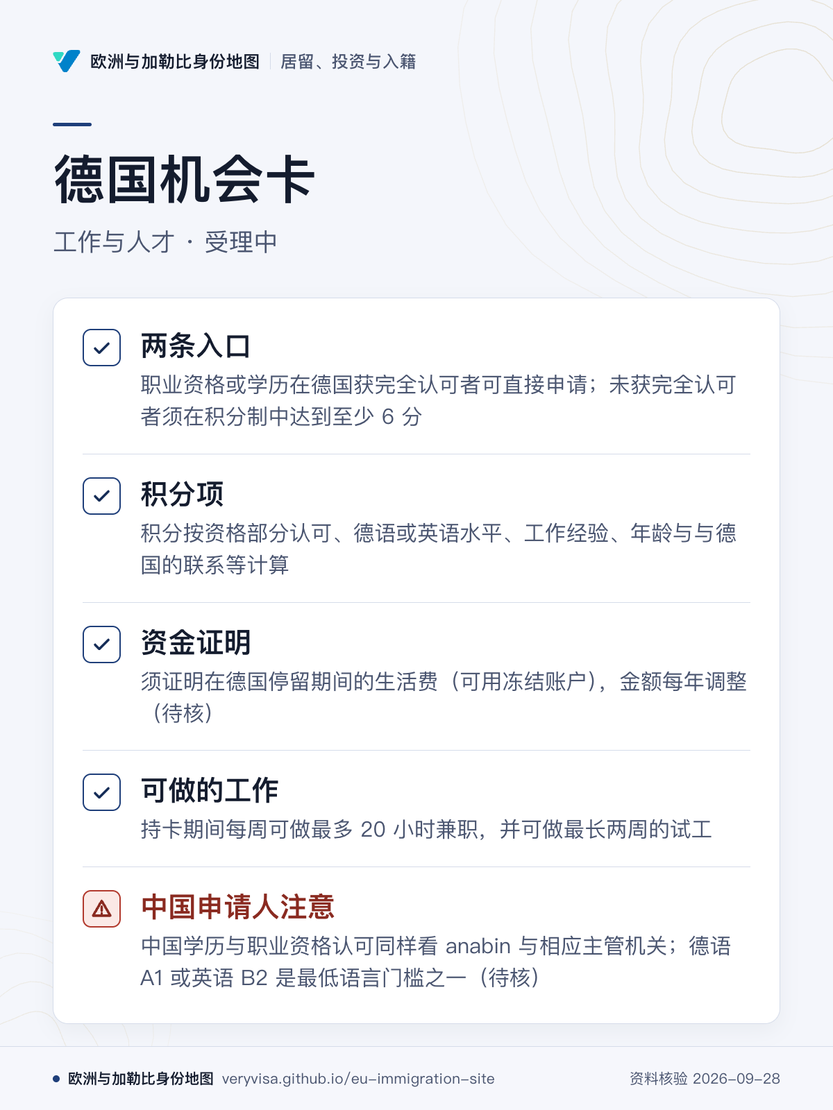 德国机会卡；工作与人才 · 受理中；两条入口；积分项；资金证明；可做的工作；中国申请人注意