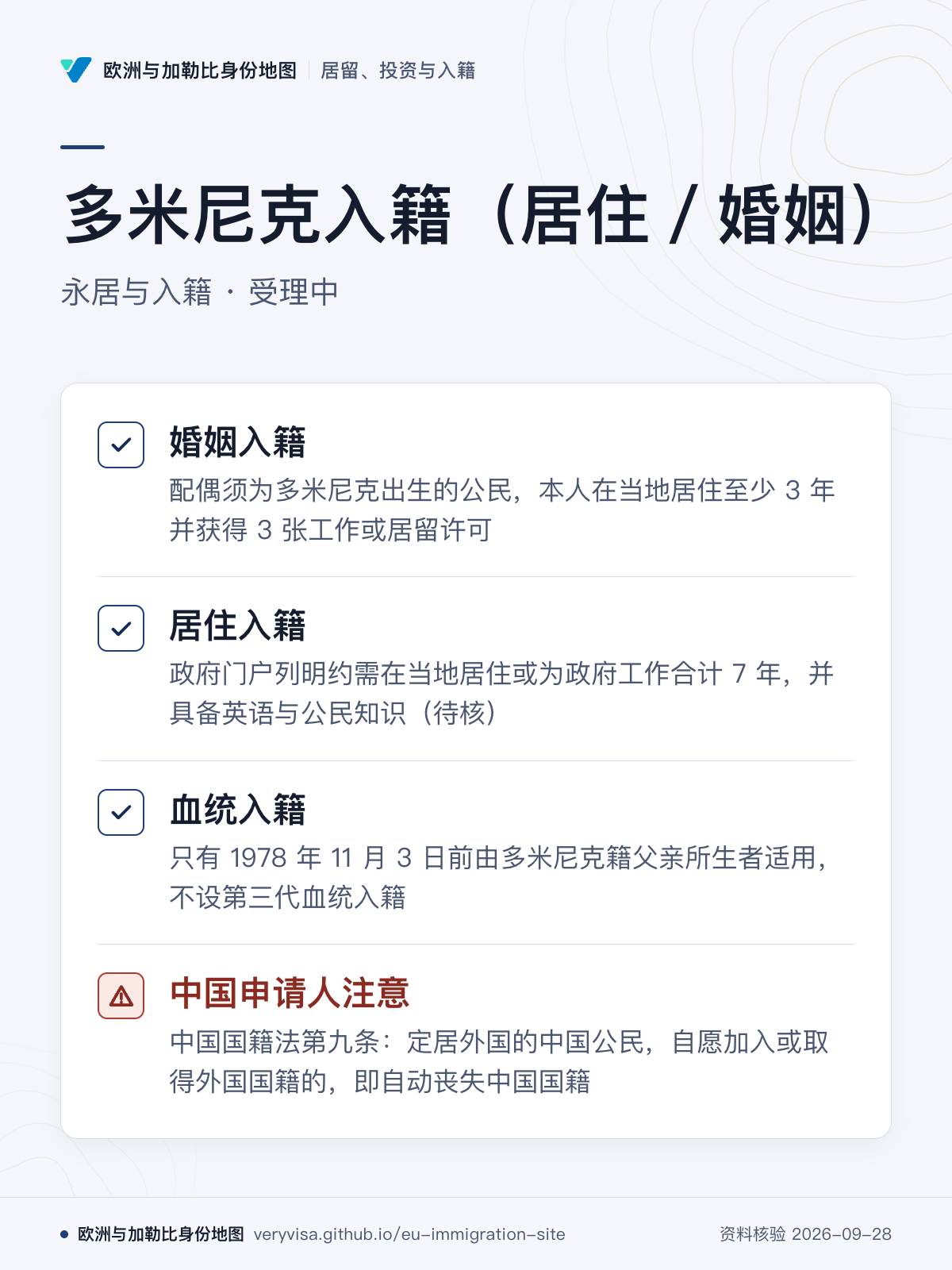 多米尼克入籍（居住／婚姻）；永居与入籍 · 受理中；婚姻入籍；居住入籍；血统入籍；中国申请人注意