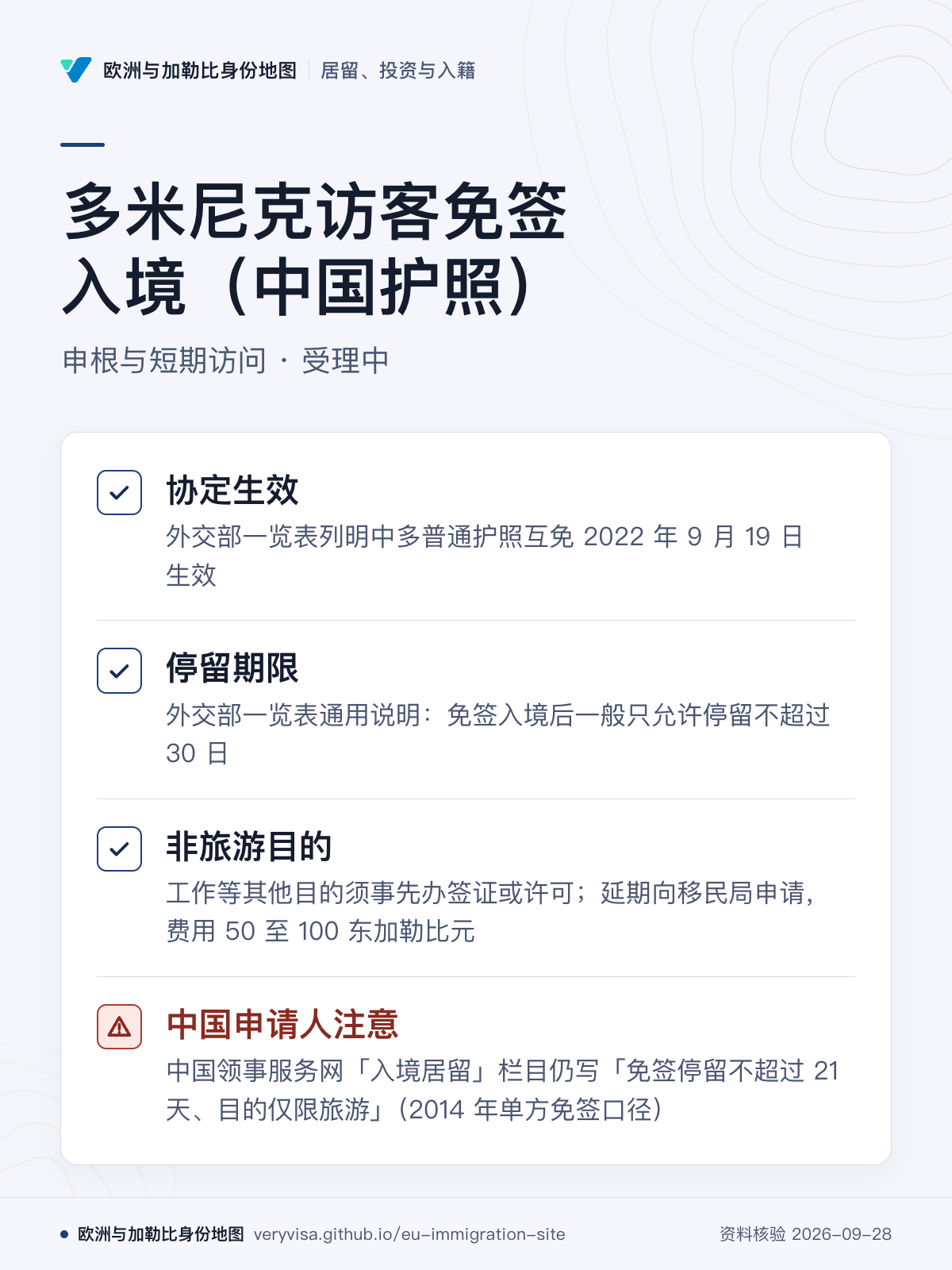 多米尼克访客免签入境（中国护照）；申根与短期访问 · 受理中；协定生效；停留期限；非旅游目的；中国申请人注意