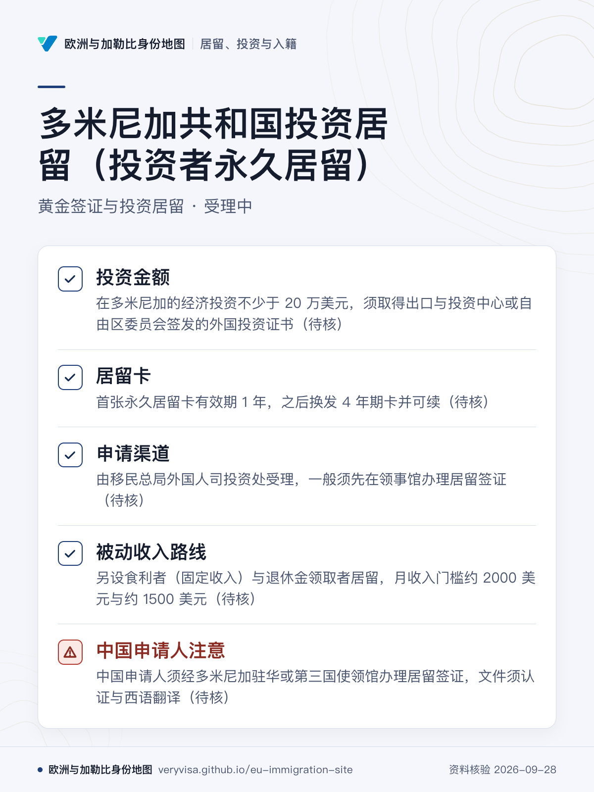 多米尼加共和国投资居留（投资者永久居留）；黄金签证与投资居留 · 受理中；投资金额；居留卡；申请渠道；被动收入路线；中国申请人注意