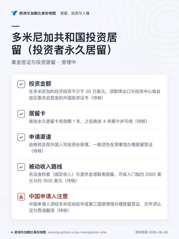 多米尼加共和国投资居留(投资者永久居留);黄金签证与投资居留 · 受理中;投资金额;居留卡;申请渠道;被动收入路线;中国申请人注意