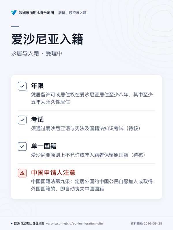 爱沙尼亚入籍;永居与入籍 · 受理中;年限;考试;单一国籍;中国申请人注意
