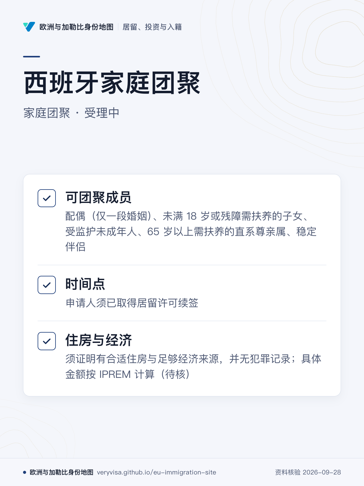 西班牙家庭团聚；家庭团聚 · 受理中；可团聚成员；时间点；住房与经济