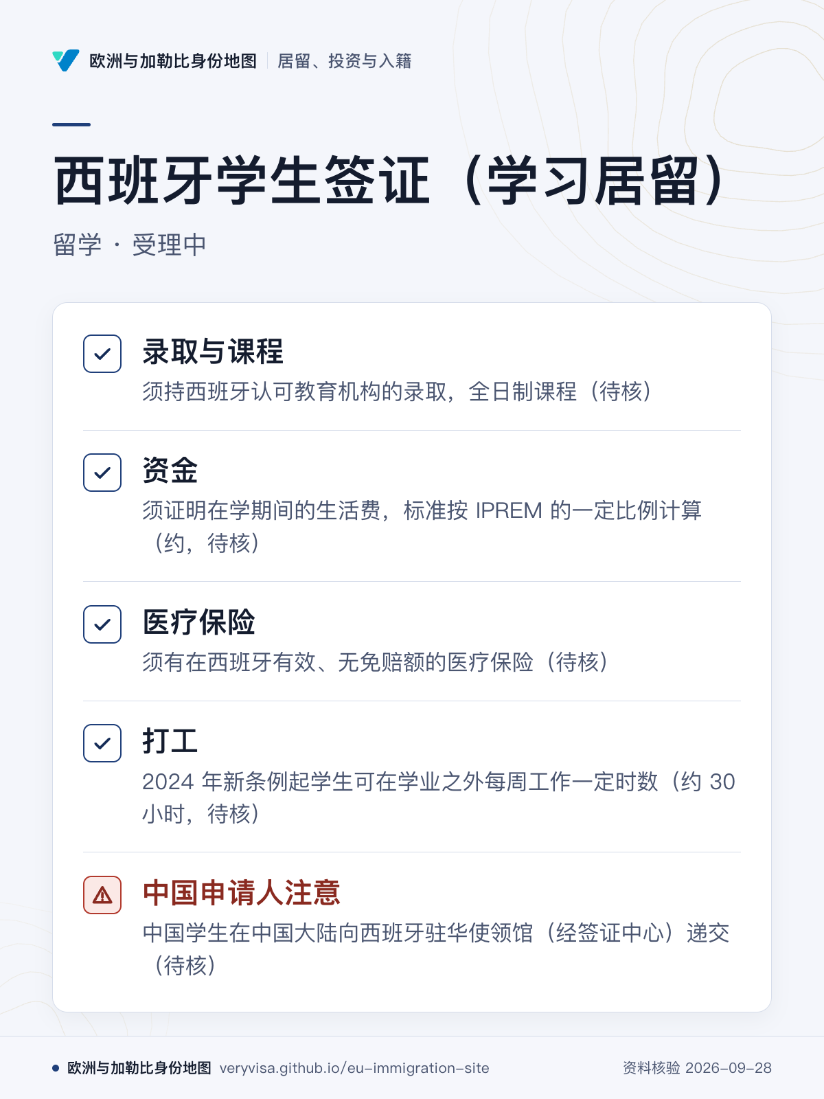 西班牙学生签证（学习居留）；留学 · 受理中；录取与课程；资金；医疗保险；打工；中国申请人注意