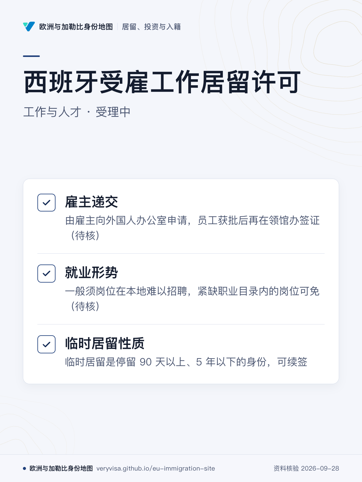 西班牙受雇工作居留许可；工作与人才 · 受理中；雇主递交；就业形势；临时居留性质